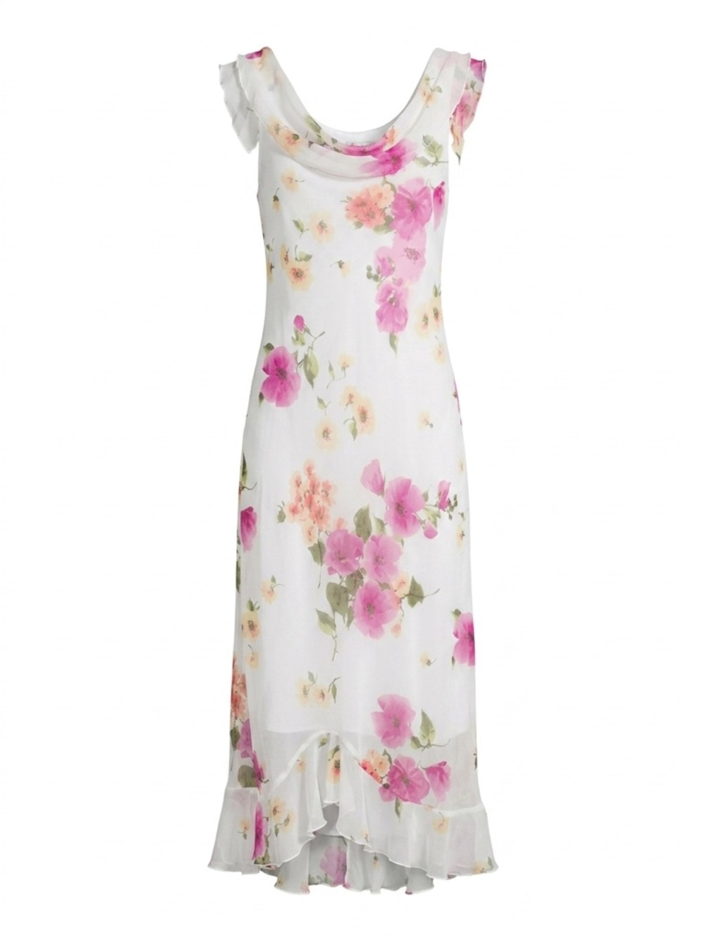 Giorgio Fiorelli White Floral Midi Dress with Pink & Peach Blooms
